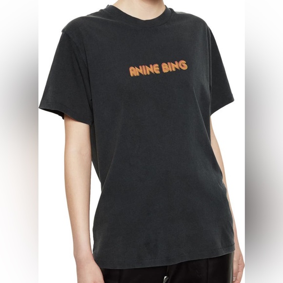 Anine Bing Black Tee with Orange Logo - Picture 1 of 6